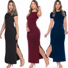 Vestido Manga Curta Moda Feminina Canelado Longo Modelador Gestante Fenda Lateral Moda Evangélica Plus Size