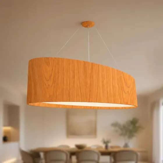 Pendente Lustre Oval Madeira 76cm Sala de Jantar Decorativo Corredor Teto