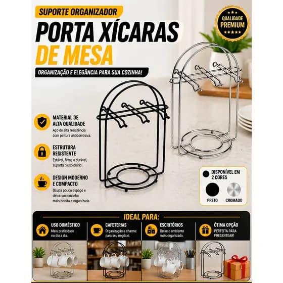 Porta Xícaras e Pires Para Mesa Cantinho Do Café Organizador 6 Ganchos Aço Inox Moderno