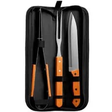 Kit De Churrasco 3 Peças Faca Garfo e Pegador Com Estojo Conjunto Churrasqueiro