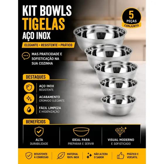 Kit Bowls Inox 5 Peças Tigelas Multiuso Aço Inoxidável Cozinha Saladeira Premium Alta Resistência