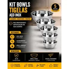 Kit Bowls Inox 5 Peças Tigelas Multiuso Aço Inoxidável Cozinha Saladeira Premium Alta Resistência