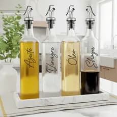 Galheteiro de Vidro 500ml com Bico Dosador Inox 4/3/2/1 Pç | Porta Azeite Vinagre Óleo Shoyu Pimenta