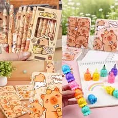 Kit Papelaria Kawaii Completo Item aleatórios Capivara Caderno Caneta Adesivo Material escolar Fofo