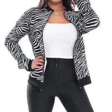 Jaqueta Bomber Estampada Animal Print Onça Zebra Versátil Malha Crepe Moderna Outono Casaco Frio Feminina