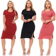 Vestido Liso Moderno Médio Longuete Casual Canelado Feminino Fenda