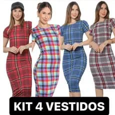 Kit 4 peças Vestido Midi Xadrez Festa Junina Inverno Canelado Manga Curta Blogueira Longuete