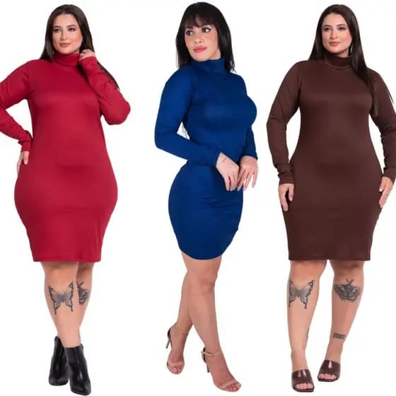Vestido Curto Gola Alta Inverno Canelado Manga Longa Blogueirinha Moderno Tubinho Elegante Casual Festa Casamento