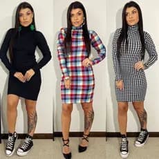 Vestido Curto Gola Alta Manga Longa Pied Poule Xadrez Colorido Preto Liso Inverno Canelado