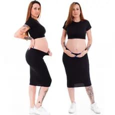 Conjunto Liso Gestante Canelado Cropped Saia Midi Grávida Manga Curta Maternidade Cintura Alta Ensaio Fotográfico