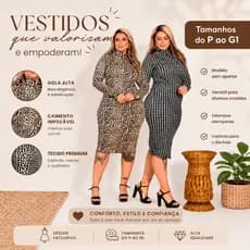 Vestido Midi Gola Elegante Plus Size Curvy Inverno Onça Pied Poule Estampado Manga Longa Gola Alta Bota Festa Casual