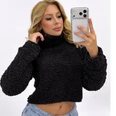 Blusa Cropped Teddy Carneirinho Gola Alta Inverno Peluciado Quentinho Outono Chic Quentinho Manga Longa Moda Inverno
