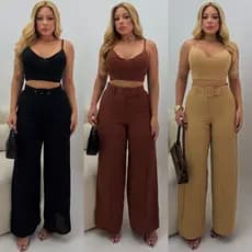 Conjunto Duna Alfaiataria Alça Regulável Cinto Removível Elástico Coz Social Elegante Festa Pantalona Bolso Alcinha Chic