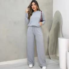Conjunto Feminino  Blusa Manga Longa e Calça Pantalona Moda Outono Inverno Elegante Casual