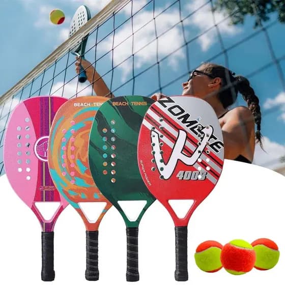 Raquete Beach Tennis Sortida Profissional Fibra de Carbono com Capa + 3 Bolas Para Iniciantes