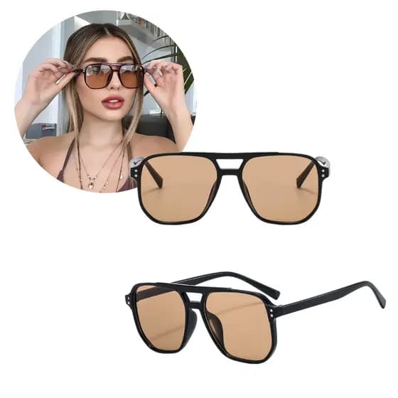 Óculos de Sol Moda Feminino Retro Vintage UV400 Lente Amarela Marrom Blogueira Europeu