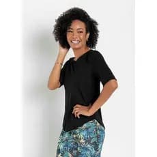 Blusa Feminina Manga Curta - Blusinha Social Evangelica -  Camiseta de Helanca Decote nas Costas e Manga 3/4 - Preta