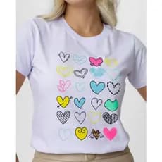Tshirt Camiseta Feminina em Algodão de Qualidade Branca com desenho de corações