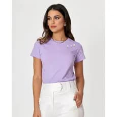 Tshirt Camiseta Feminina em Algodão na Cor Lavanda com Bordado no Ombro