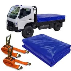 Kit Lona Azul Caminhão CK400 4x11 Vinil Ilhosado + 2 Cintas Laranja 9 Mts Amarração Segura