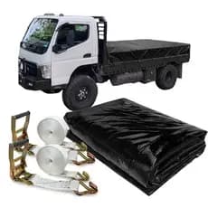 Capa Preta Para Carroceria CK400 5x8 PVC Com Ilhós + 2 Cintas Brancas 9 Mts Carga Segura