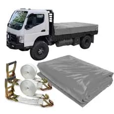 Cobertura Cinza Para Caminhão CK400 5x11 PVC Ilhós + 2 Cintas Brancas 9 Mts Fixação Firme