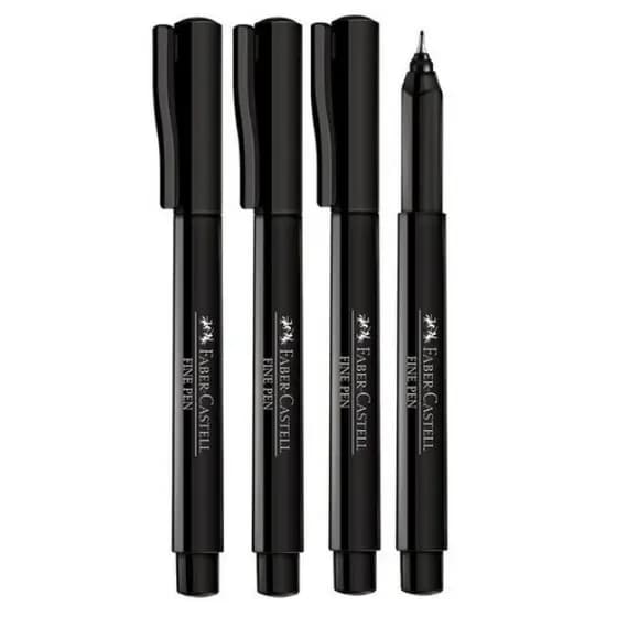 Kit C/4 Caneta Fine Pen Preta 0,4mm Ponta Fina Faber