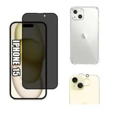 Kit Para iPhone 15 Película Privacidade + Pelicula Camera + Capa Anti Shock Capinha iPhone 15 Pro Max