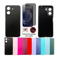 Kit Capinha Capinha Case Silicone Aveludada Colorida Para Iphone+ PelículaDe Privacidade Para  iPhone XS/11PRO/PRO MAX/12 PRO/12 PRO MAX/13RPO/14 PRO/14 PRO MAX/15 PRO