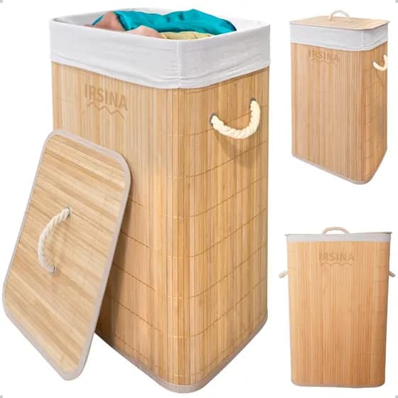Cesto de Roupa Suja Bambu Retangular Dobrável com Tampa Forrado Lavanderia Quarto Banheiro