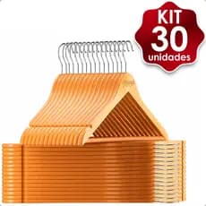 KIT Cabides de Madeira Roupas Antiderrapante 30 Unidades Natural Marfim Gancho de Metal