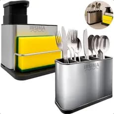 Kit Dispenser de Detergente Porta Sabão com Escorredor Porta Talheres para Pia Cozinha Inox