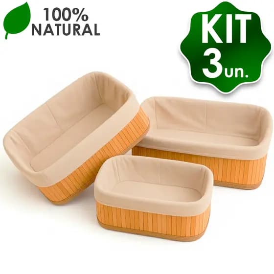 Kit 3 Cestos Organizadores De Bambu Com Forro Decorativo Multiuso Roupa Banheiro Cozinha