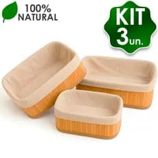 Kit 3 Cestos Organizadores De Bambu Com Forro Decorativo Multiuso Roupa Banheiro Cozinha
