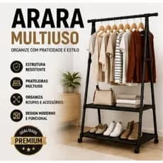 Arara Organizador Roupas Fixa Com Prateleiras Multiuso Suporte Roupa Preta