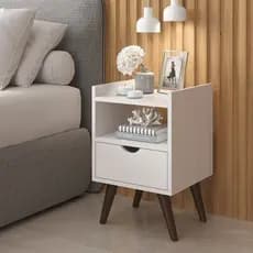 Kit 2 Mesas Cabeceira Alice 1 Gaveta Puxador Usinado Pés Palito Anti-Umidade Retrô Decoração Quarto