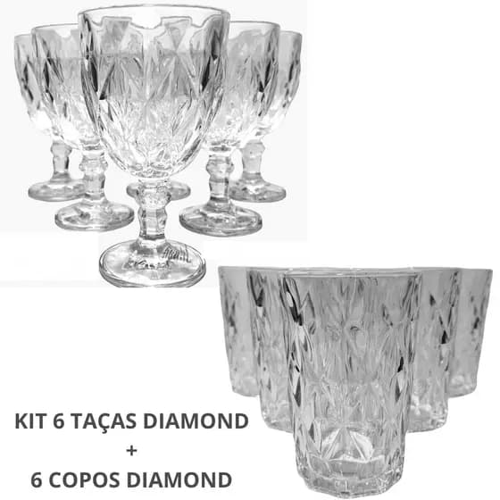 Kit Jogo de Taça Diamond 330ml + Jogo de Copo Diamond 350ml 6 Taças e 6 Copos 12 peças