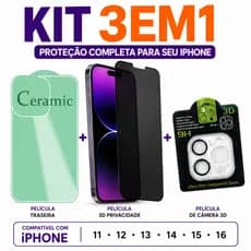 Kit 3em1 Película Traseira + Câmera Transparente + Película Cerâmica Fosca Privacidade iPhone 11 ao 16 Pro Max - Pluggo