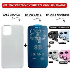 Kit 3em1 Case Branca + Cerâmica Fosca Privacidade + Lente Câmera Colorida iPhone 11 13 14 15 16 - Pluggo