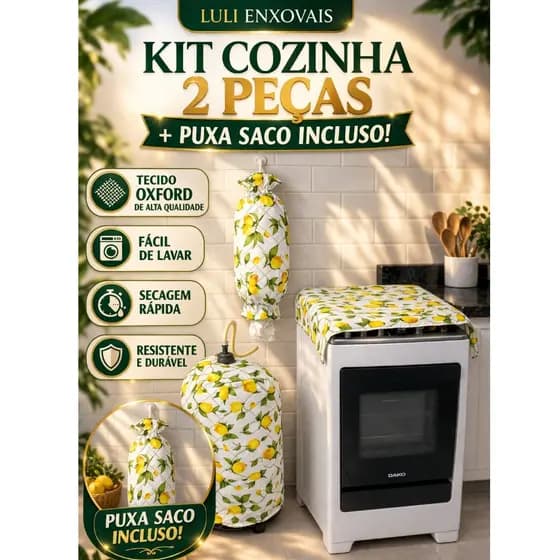Kit Cozinha 2 Peças + Puxa Saco Incluso | Capa Fogao + Capa Botijao Decorativo Promoção