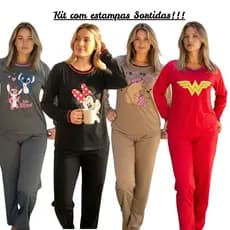 Kit 2 Pijamas Longo Feminino em Malha Cores Sortidas Adulto de Inverno Blusa Manga Longa