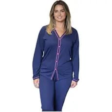 Pijama Amamentação Americano Estampado Baby Doll Manga Longa de Malha com Botões