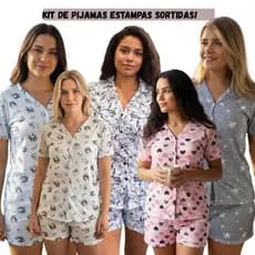 Kit 2 Pijamas Americano Feminino Manga Curta com Botões estampas sortidas