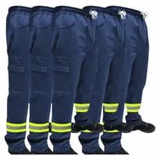 Kit C/ 5 Calça de Uniforme Soldador Brim Profissional Reforçada Com Faixa Refletiva Verde