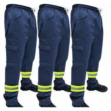 Kit C/ 3 Calça de Uniforme Segurança Brim Profissional Reforçada Com Faixa Refletiva Verde