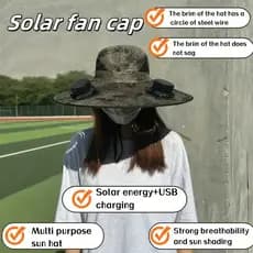 Chapéu de Sol com Ventilador Solar Ajustável Aba Larga Proteção UV Praia Piscina