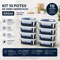 Kit 10 Potes Vidro Hermético 650ml Marmita Antivazamento com Válvula Freezer Microondas
