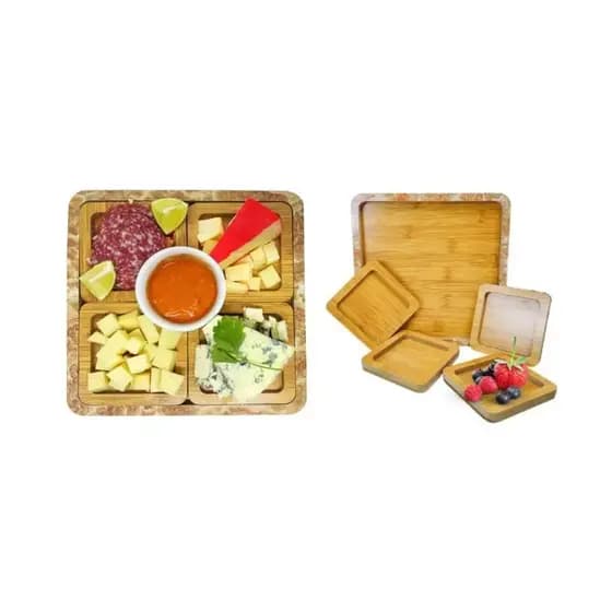 Conjunto 4 Petisqueira Madeira Quadrada Gourmet Tabua Frios Churrasco Premium
