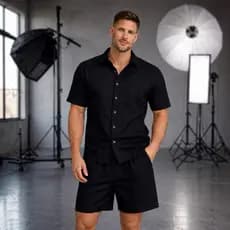 Conjunto Masculino de Linho com Botões /Conforto para o Verão