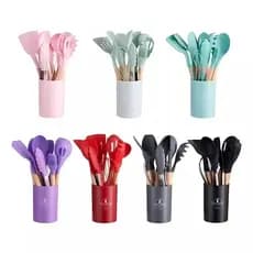 Conjunto de Utensílios de Cozinha 12Pçs - Silicone e Cabo de Madeira